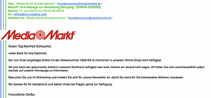 Antwort von Media Markt nach der Stornobestätigung